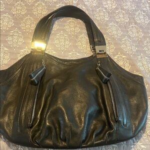 B. Makowsky Black Leather Shoulder Bag with Silver Accents
